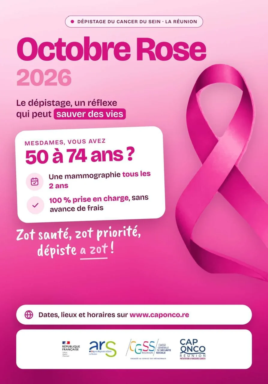 Affiche officielle Octobre Rose 2026 La Réunion : Mesdames, vous avez 50 à 74 ans ? Une mammographie tous les 2 ans, prise en charge à 100 % sans avance de frais.